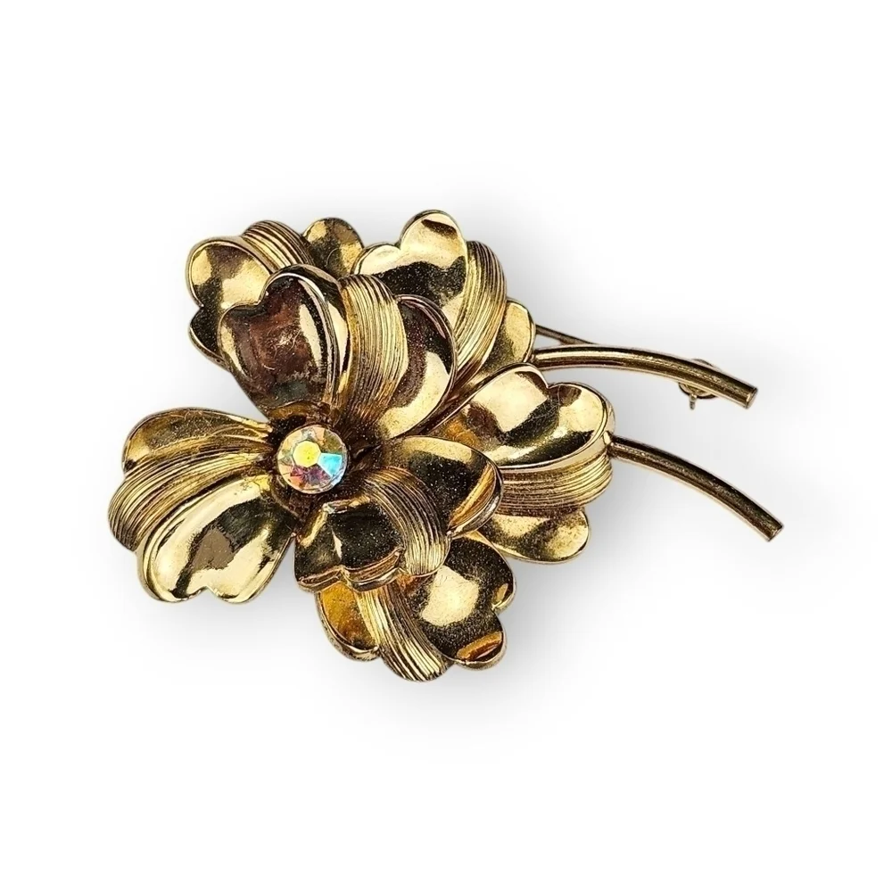 Vintage Flower Brooch 12K Gold Filled Aurora Borealis Rhinestone Forstner 1.75